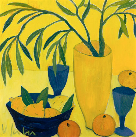 Gelbes Stilleben mit Bambus, Zitronen u. Orangen, 60 x 60 cm, Öl auf Leinwand