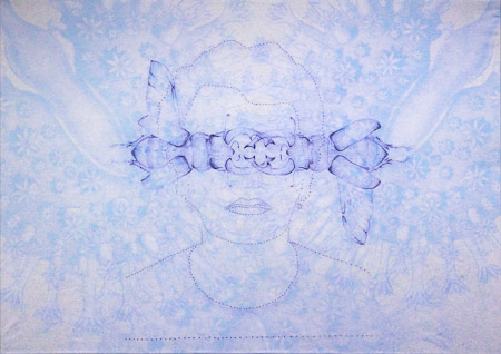 Selbstportrait mit HIrschkäfern, 2009, 100 x 140 cm, Druck und Stickerei auf Gewebe